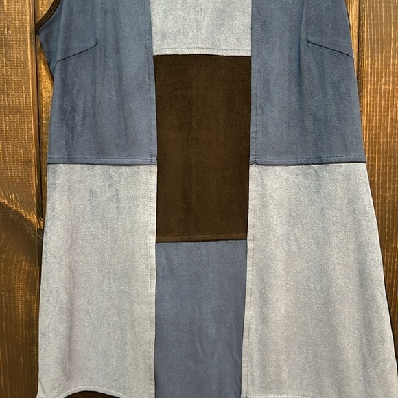 Spense Patchwork Dress 4 Denim Blue Grey Faux Suede Sheath Vtg Stretch Boho 90s - Picture 4 of 13